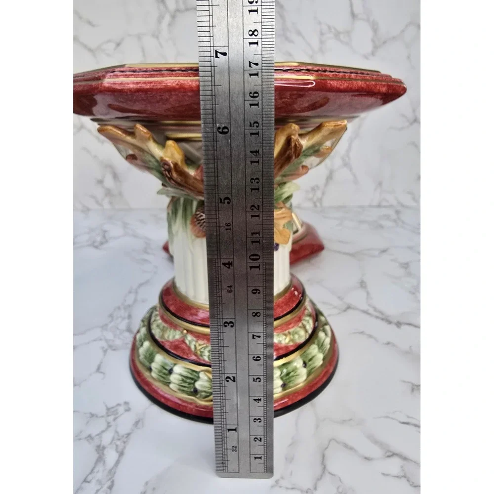 Fitz Floyd Equestrian Octagonal Pillar Candle Holders Pair Acorn Oak Leaf Large